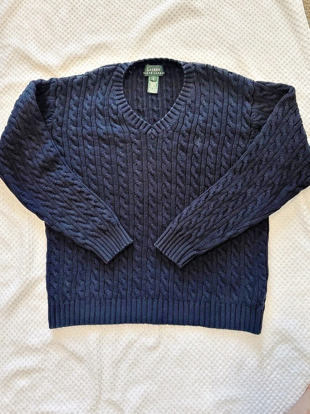 Lauren Ralph Lauren Cable Knit V-Neck Sweater Blue Small